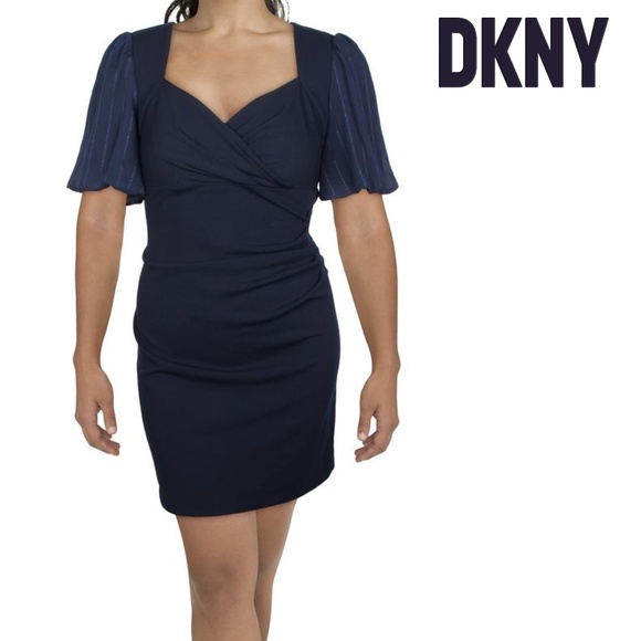 Dkny Dresses & Skirts - DKNY Mixed Media Sheath Cocktail Dress Gold Metallic Thread Detail Puff Sleeve